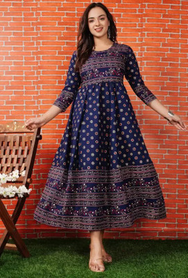 ANGINI Women Block Print Anarkali Kurta(Black)