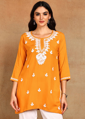 VAHSON Women Chikan Embroidery, Embroidered A-line Kurta(Orange, White)