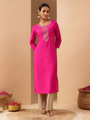 Janasya Women Embroidered, Solid Straight Kurta(Pink)