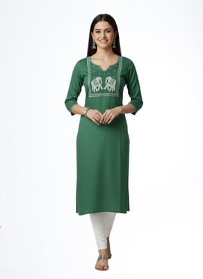 Frestyle Women Embroidered A-line Kurta(Dark Green)