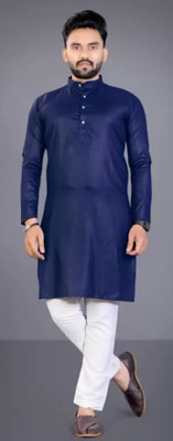 kanha creation Men Solid Straight Kurta(Dark Blue)