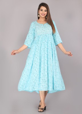 DADIYA Women Printed Anarkali Kurta(Light Blue, Black, White)