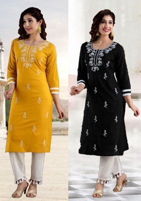vikshi Women Chikan Embroidery Straight Kurta(Multicolor)