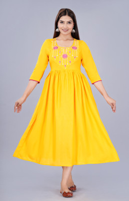 AamanGarment Women Embroidered Anarkali Kurta(Yellow)