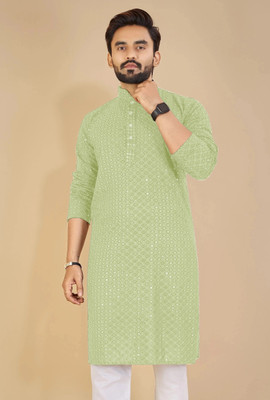 ORIFAB Men Embroidered Straight Kurta(Light Green)