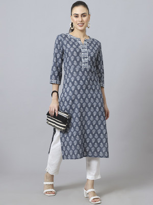 LARGISH Women Printed Straight Kurta(Grey)