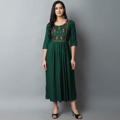 Kriska Women Embroidered A-line Kurta(Green)