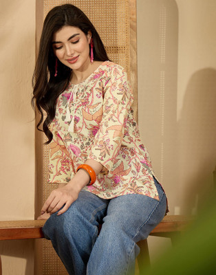 Skylee Women Floral Print Straight Kurta(Beige, Multicolor)