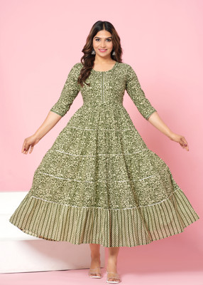 Kirnya Women Printed Anarkali Kurta(Dark Green)