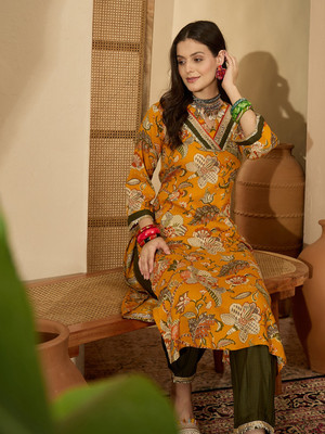 Youthnic Women Floral Print A-line Kurta(Gold)
