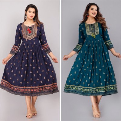 Vorcia Febtex Women Embroidered Anarkali Kurta(Dark Green, Blue)