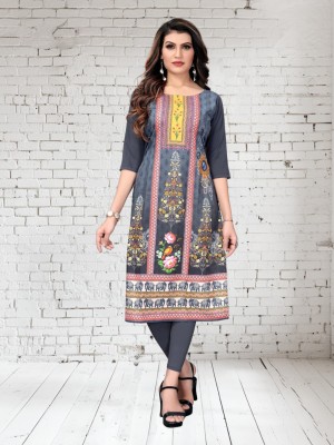 Growmore Fab Women Printed Anarkali Kurta(Grey, Yellow)