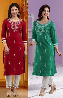 vikshi Women Chikan Embroidery Straight Kurta(Red, Green)