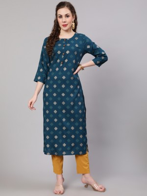 Nehamta Women Geometric Print Straight Kurta(Blue)