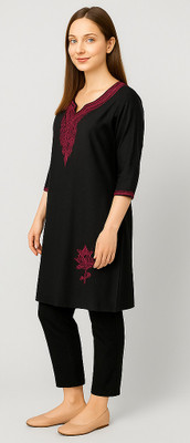 RuhisCollection Women Embroidered A-line Kurta(Black)