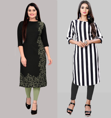 maruti fab Women Striped, Printed A-line Kurta(White, Black, Green)