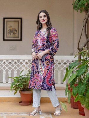 Queenslifestyle Women Embellished, Paisley, Embroidered A-line Kurta(Multicolor)