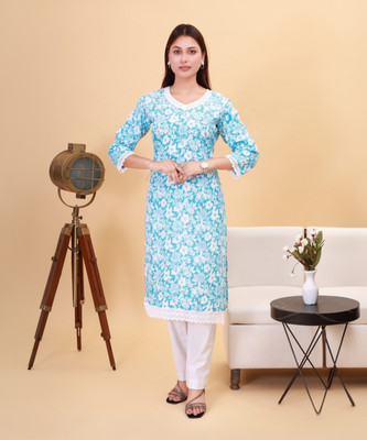 Sukkas Women Floral Print, Printed A-line Kurta(Blue)