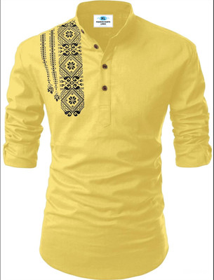 Fashion Marts Men Solid, Self Design Straight Kurta(Yellow)
