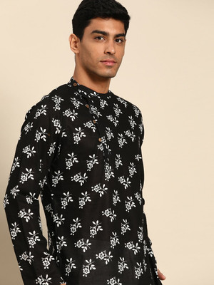 ANOUK Men Printed Straight Kurta(Black)