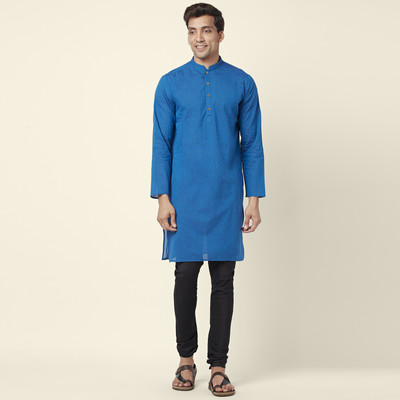 Indus Route by Pantaloons Men Solid Straight Kurta(Blue)
