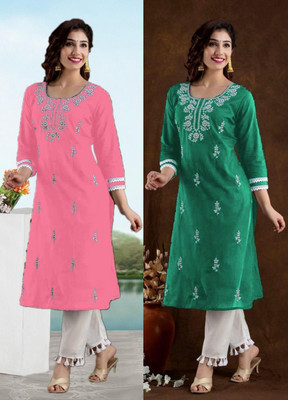 SISTO Women Chikan Embroidery Straight Kurta(Multicolor)