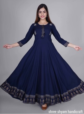 ShreeShyam Handicraft Women Embroidered Flared Kurta(Blue)