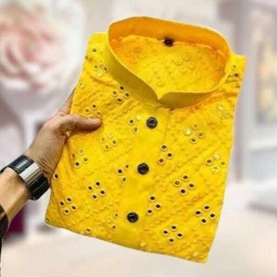 PINK WISH Men Embroidered Straight Kurta(Yellow)