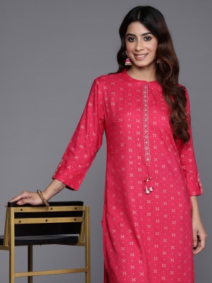 Indo Era Women Printed Straight Kurta(Pink, White)