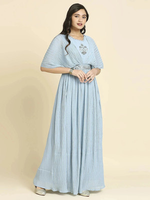 Madhuram Women Embroidered Gown Kurta(Light Blue)