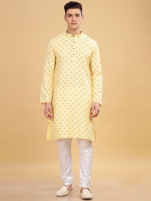 ANOUK Men Abstract Straight Kurta(Yellow)