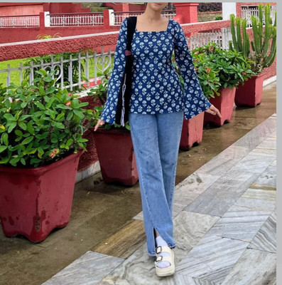 AQUACOLLECTION Women Printed Straight Kurta(Blue)