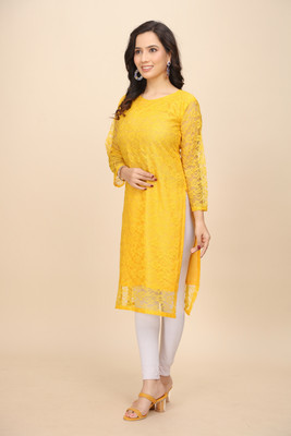 Manthan Creation Women Self Design A-line Kurta(Yellow)