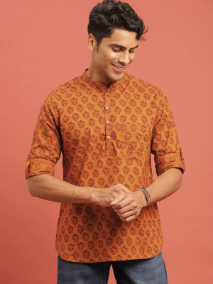 DIMMY Men Printed A-line Kurta(Orange)