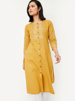 VIMMI ENTERPRISES Women Solid, Embroidered A-line Kurta(Yellow)