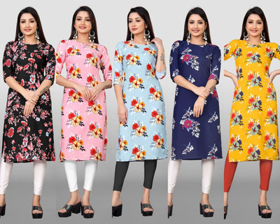MAA FAB Women Floral Print Straight Kurta(Blue)