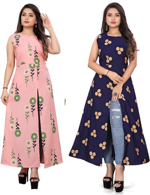 Hiral Creation Women Printed Frontslit Kurta(Blue)