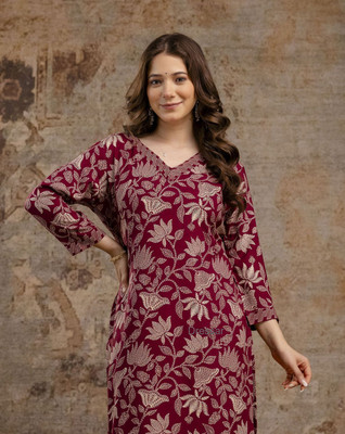 Dressar Women Floral Print, Colorblock Straight Kurta(Maroon)
