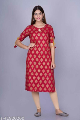 WishWorld Women Printed, Woven Design Straight Kurta(Red)