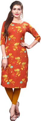 neshapex Women Printed Straight Kurta(Orange)
