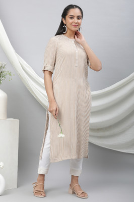 Aurelia Women Striped Straight Kurta(White, Beige)