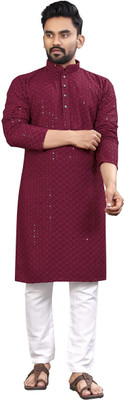 ALMORA Men Embellished Straight Kurta(Maroon)