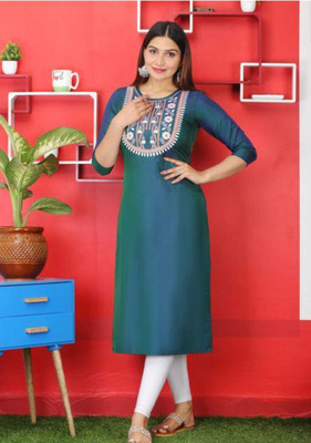 ALMADAD Women Embellished Straight Kurta(Dark Blue)