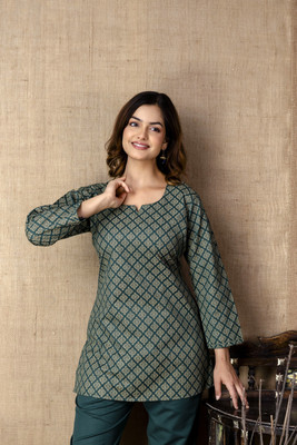 Chafi Collection Women Printed A-line Kurta(Green)