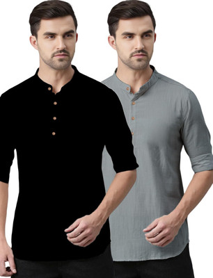 indirae Men Solid A-line Kurta(Grey)