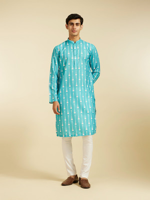 DIWAS by Manyavar Men Printed Straight Kurta(Blue)