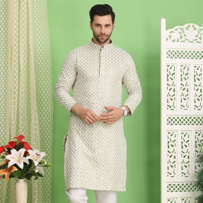 Over Crowd Men Embroidered Straight Kurta(Light Green)