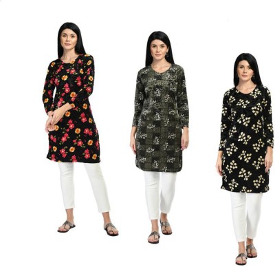 IndiWeaves Women Floral Print Straight Kurta(Red, Black, Grey)