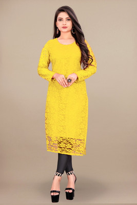 Lakshya Fashion Mart Women Self Design A-line Kurta(Yellow)