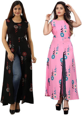 Hiral Creation Women Floral Print Frontslit Kurta(Pink)